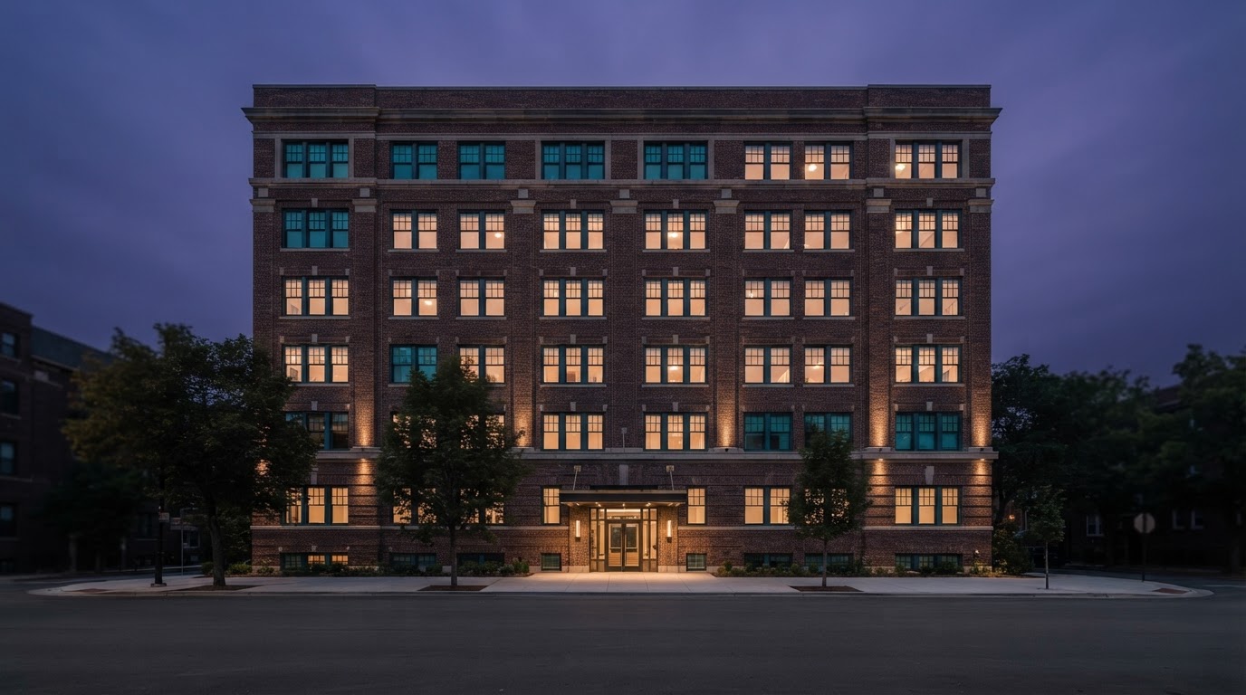 Occupied mid-rise multifamily building at dusk with warm lit windows against an indigo sky