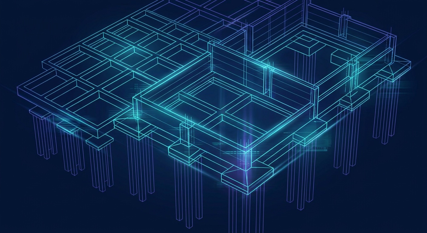 Abstract technical blueprint of a building foundation rendered in glowing turquoise and violet lines on a dark navy background, symbolizing structural protection and financial engineering.