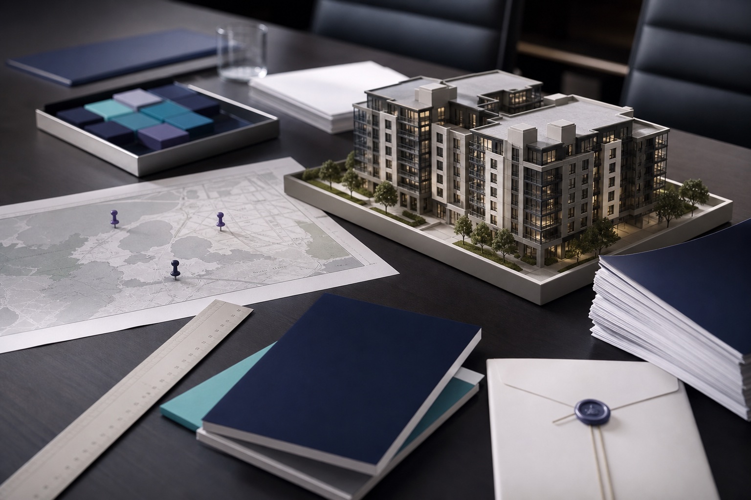 Investment committee table with a multifamily property model, financing documents, map pins, and layered collateral materials.