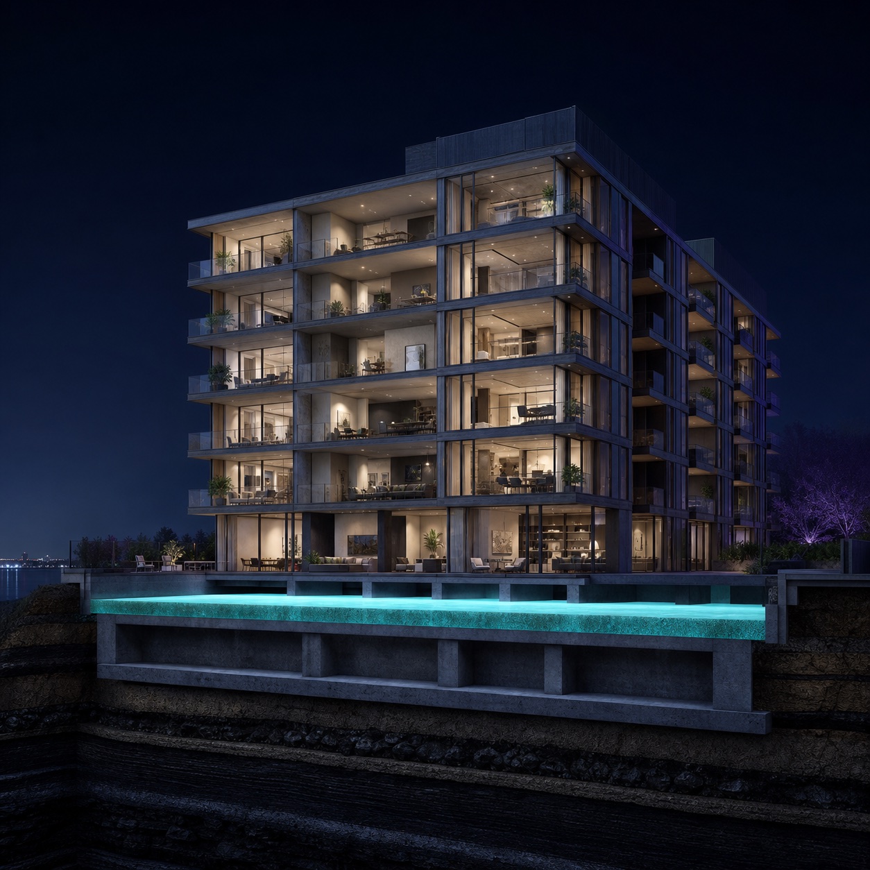 Architectural cutaway of a multifamily building supported by a thin turquoise layer above its engineered foundation.