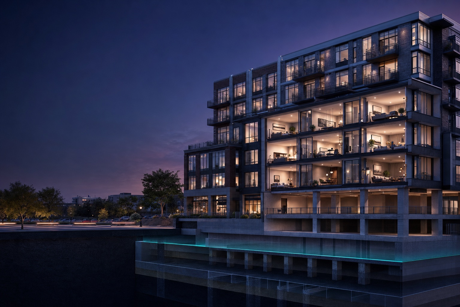 Architectural cutaway of a multifamily building with layered structural planes beneath it.