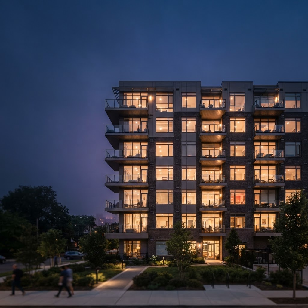 Dusk view of an occupied mid-rise multifamily building with lit windows against a deep navy sky